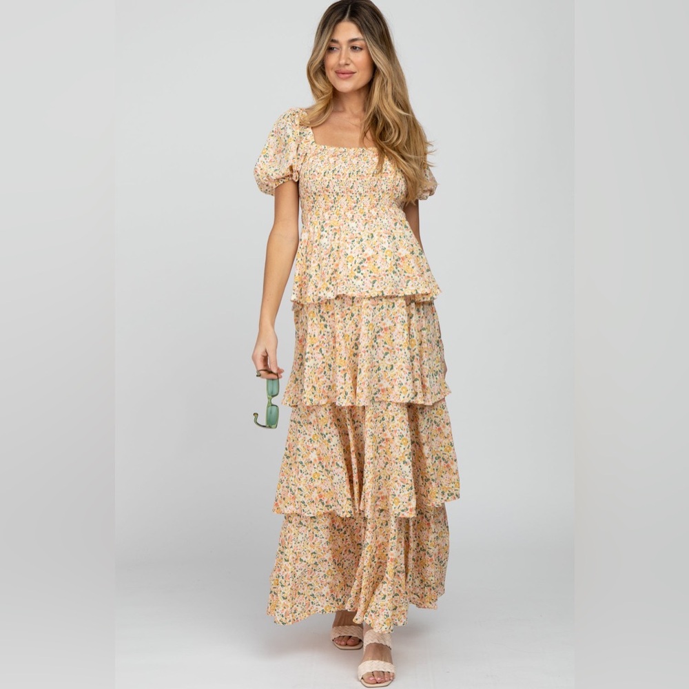 NWHT SOLD OUT PINKBLUSH Yellow Floral Square Neck Ruffle Layered Maternity Maxi - Picture 3 of 11